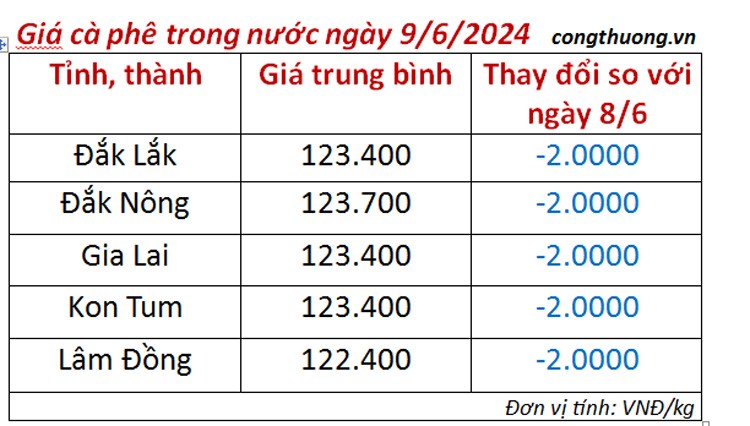 Giá cà phê hôm nay ngày 9/6/2024: