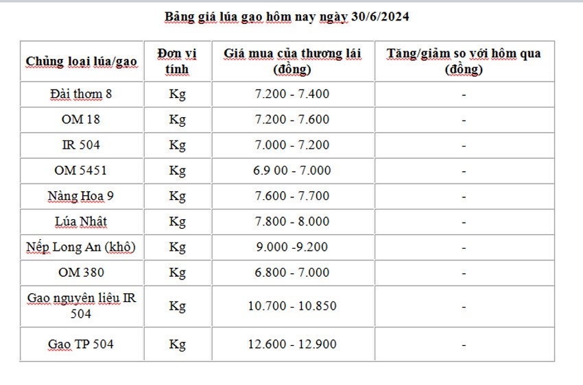 Giá lúa gạo hôm nay ngày 30/6: Ổn định, giá lúa không biến động nhiều