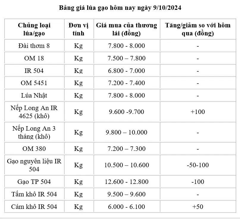 Giá lúa gạo hôm nay 9/10/2024: