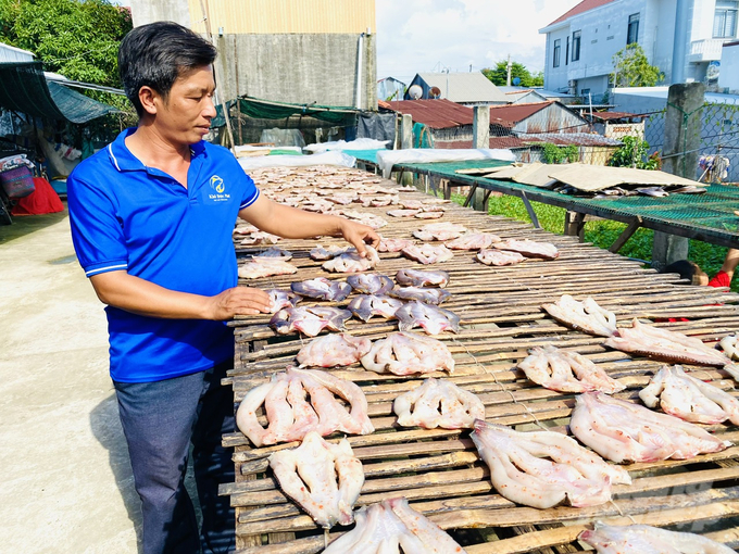 Ông Trần Văn Đức, chủ cơ sở khô cá Đức Phát cho biết: Các sản phẩm chủ lực của cơ sở gồm khô cá lóc, khô cá sặc rằn, cá chạch, cá lòng tong, cá lìm kìm, cá kết và cá trèn… Ảnh: Lê Hoàng Vũ.