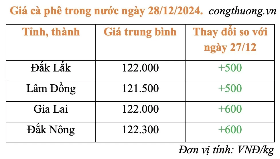 Giá cà phê hôm nay 28/12/2024: Giá cà phê trong nước