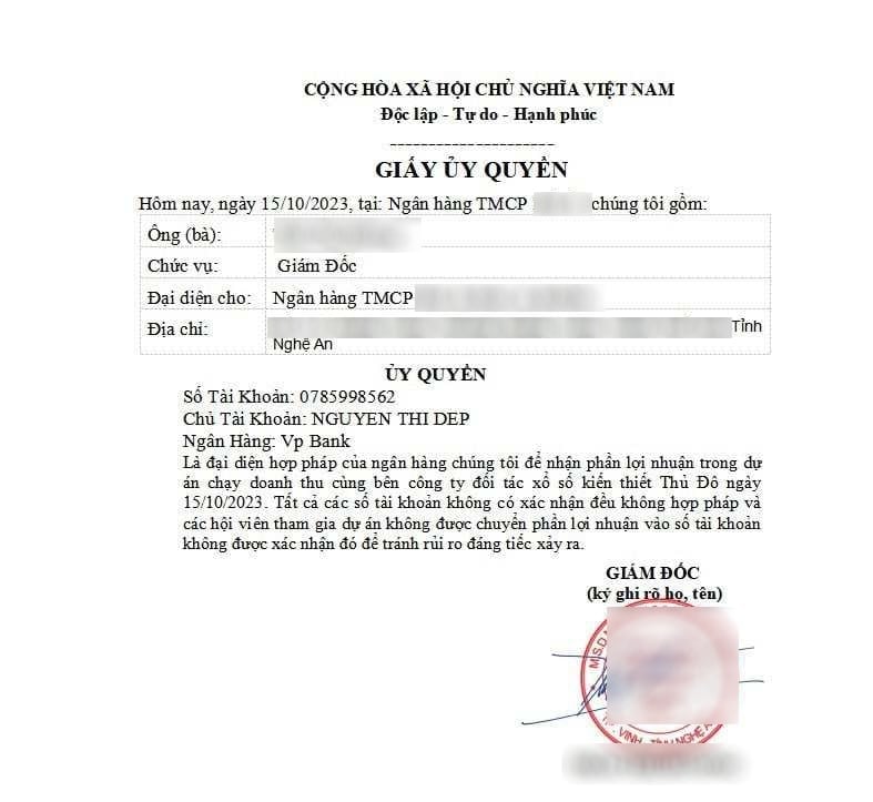 Đối tượng lừa đảo làm giả giấy ủy quyền của ngân hàng để lừa đảo. Ảnh: MA. Đối tượng lừa đảo làm giả giấy ủy quyền của ngân hàng để lừa đảo. Ảnh: MA.
