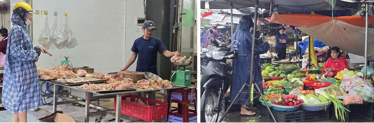 Mặc dù trời mưa nhưng người dân vẫn tích cực đi mua thực phẩm. Ảnh: Phương Chi.