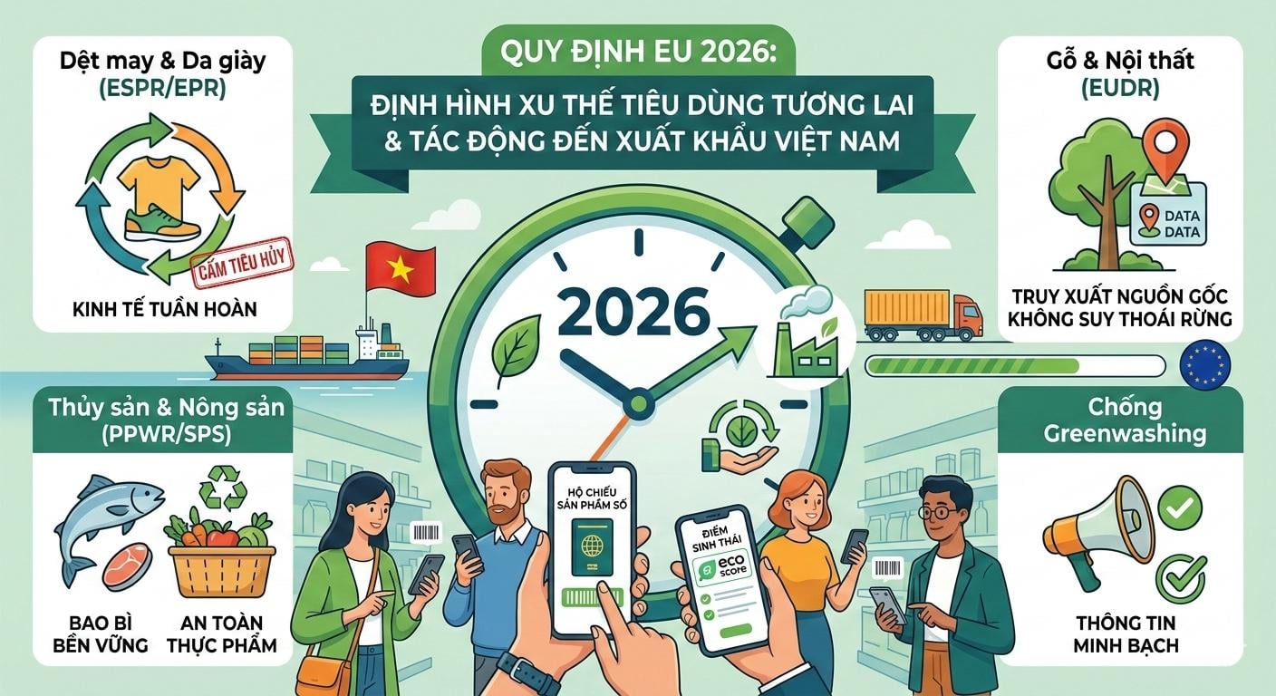4 quy định của EU trong năm 2026 định hình lại xu hướng tiêu dùng và tác động tới xuất khẩu Việt Nam. Ảnh: Bộ Công Thương.